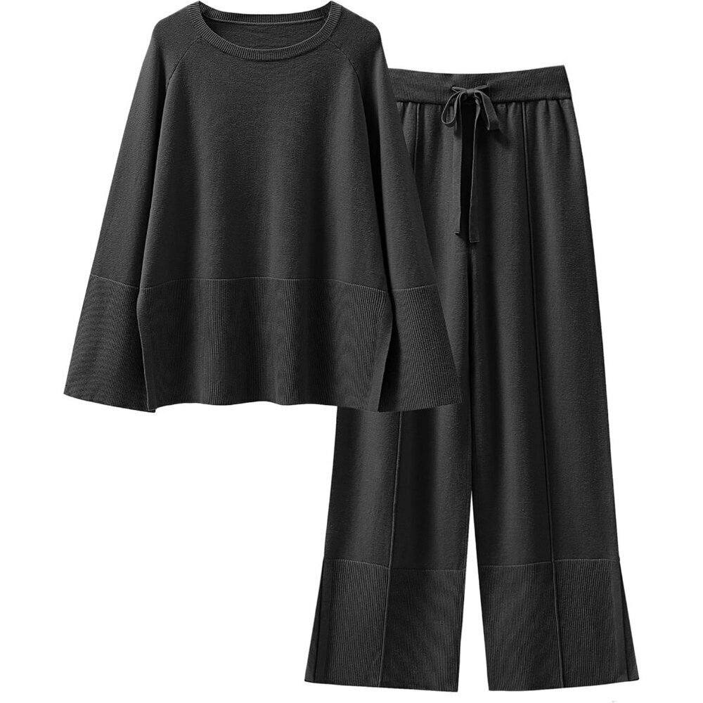 Women's Knit Sweater Set Oversized Loose Fit Lounge Pajama Wide Leg Pants